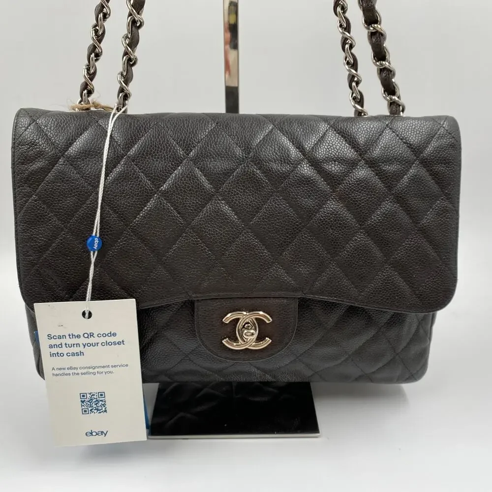 Chanel Jumbo Single Flap Caviar Bag Leather Brown Classic SHW Silver Hardware